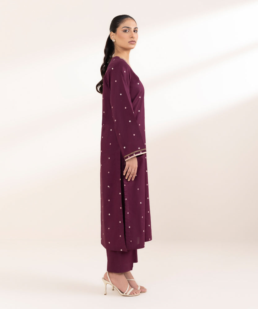 Women's Pret Solid Embroidered Plum Cambric A Line Shirt