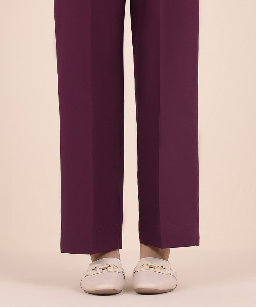 Women's Pret Solid Plum Cambric Straight Trousers