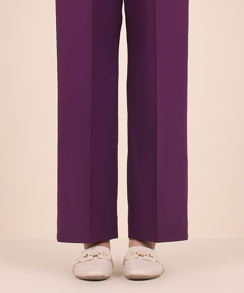 Women's Pret Solid Eggplant Purple Cambric Straight Trousers