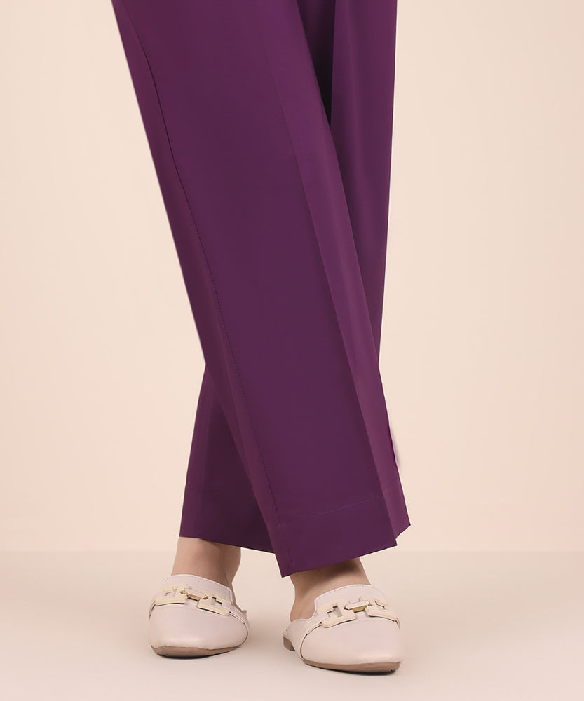 Women's Pret Solid Eggplant Purple Cambric Straight Trousers