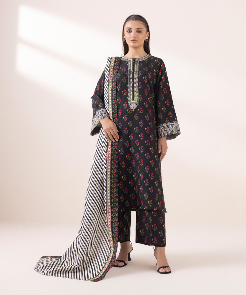 Women's Pret Printed Black And White Khaddar Dupatta