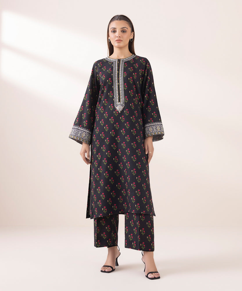 Women's Pret Printed Embroidered Black Light Khaddar A Line Shirt