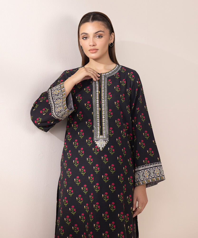 Women's Pret Printed Embroidered Black Light Khaddar A Line Shirt