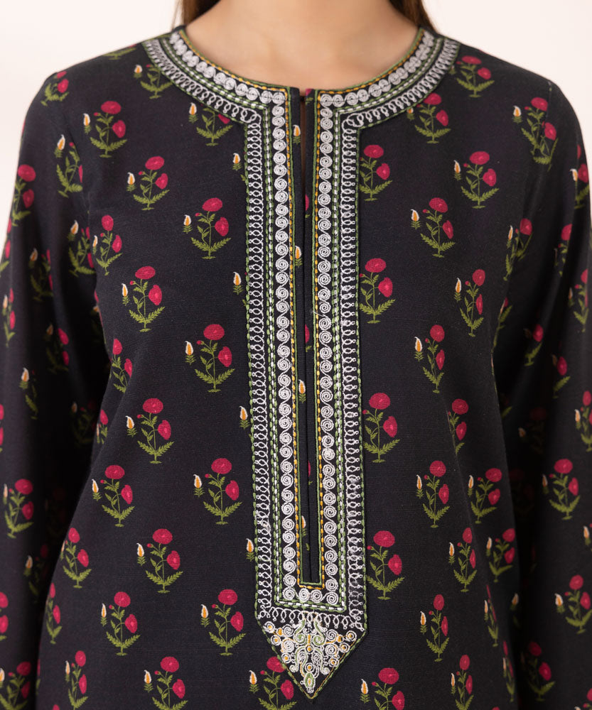 Women's Pret Printed Embroidered Black Light Khaddar A Line Shirt