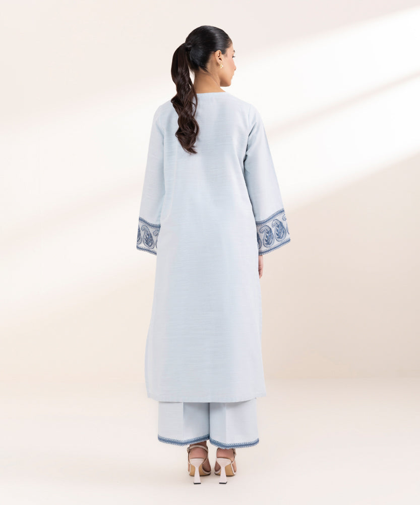 Women's Pret Solid Embroidered Pastel Blue Khaddar A Line Shirt