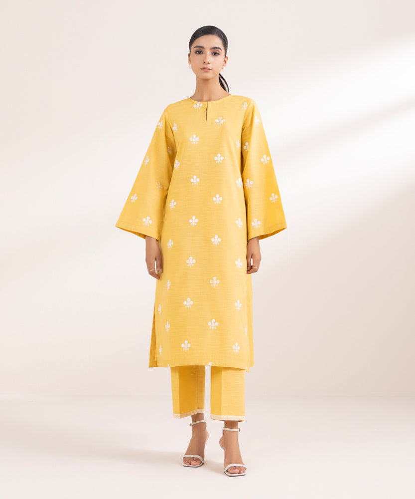 Women's Pret Solid Embroidered Sunflower Yellow Khaddar A Line Shirt