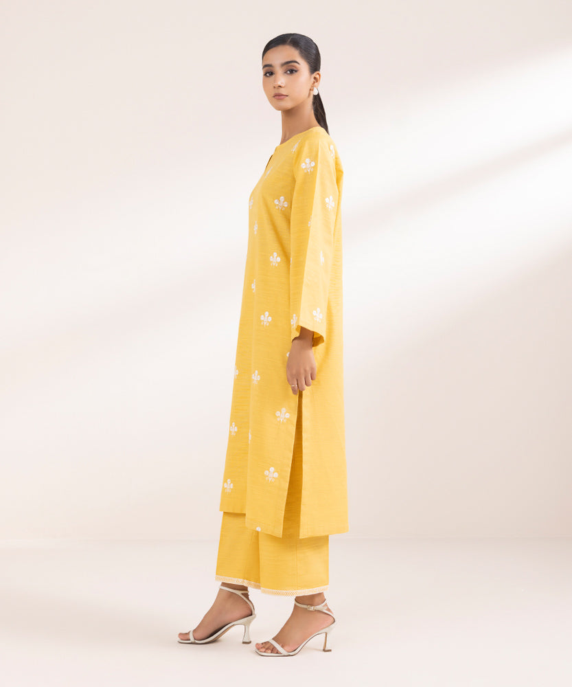 Women's Pret Solid Embroidered Sunflower Yellow Khaddar A Line Shirt