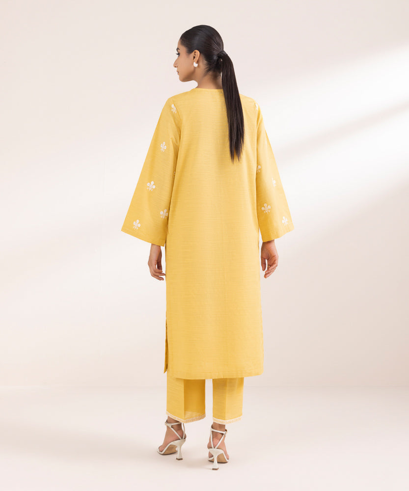 Women's Pret Solid Embroidered Sunflower Yellow Khaddar A Line Shirt