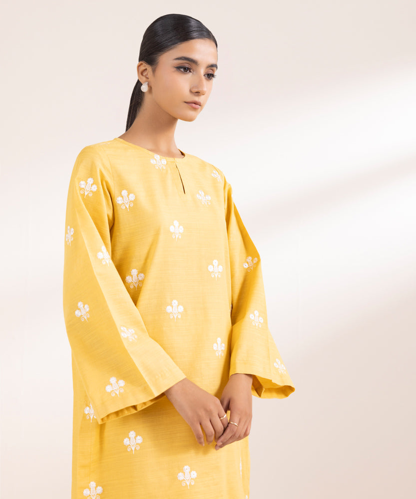 Women's Pret Solid Embroidered Sunflower Yellow Khaddar A Line Shirt