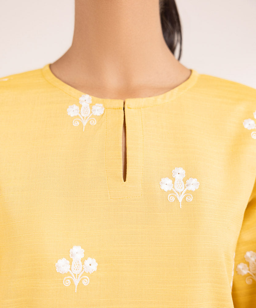 Women's Pret Solid Embroidered Sunflower Yellow Khaddar A Line Shirt