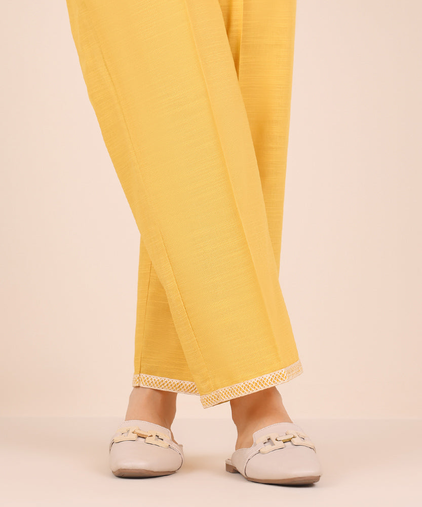 Women's Pret Solid Embroidered Sunflower Yellow Khaddar Straight Trousers