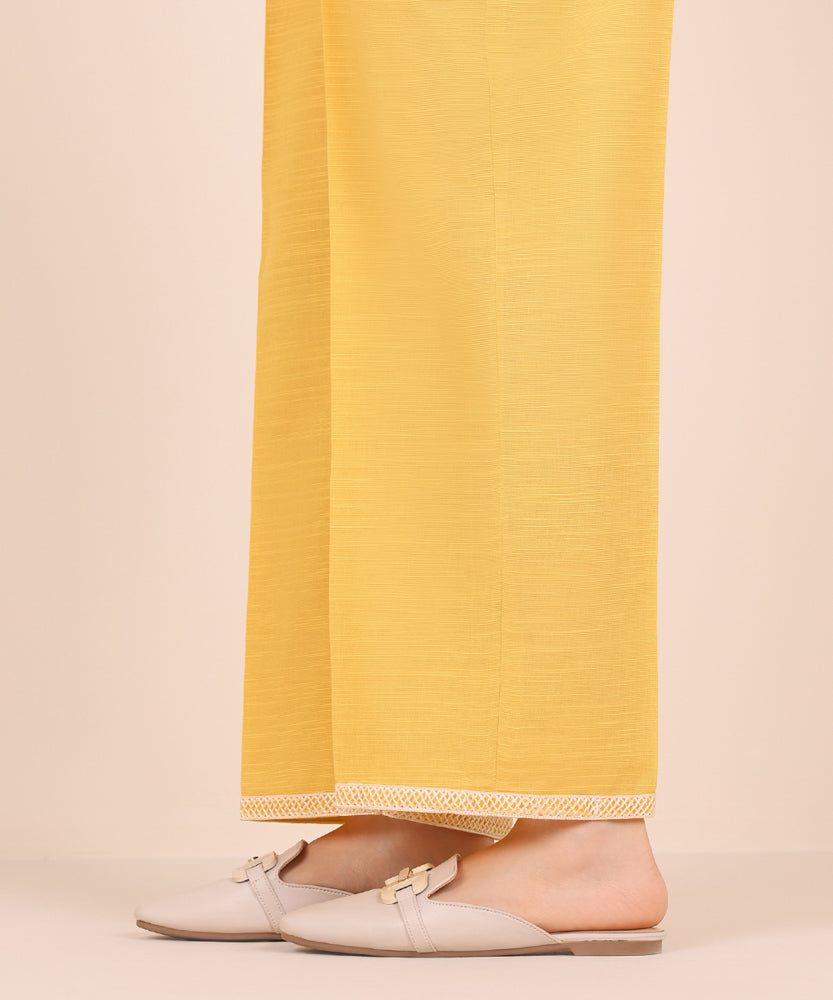 Women's Pret Solid Embroidered Sunflower Yellow Khaddar Straight Trousers