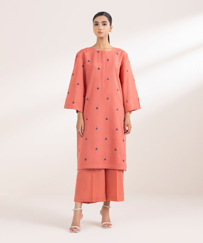 Women's Pret Solid Embroidered Coral Pink Light Khaddar Straight Shirt