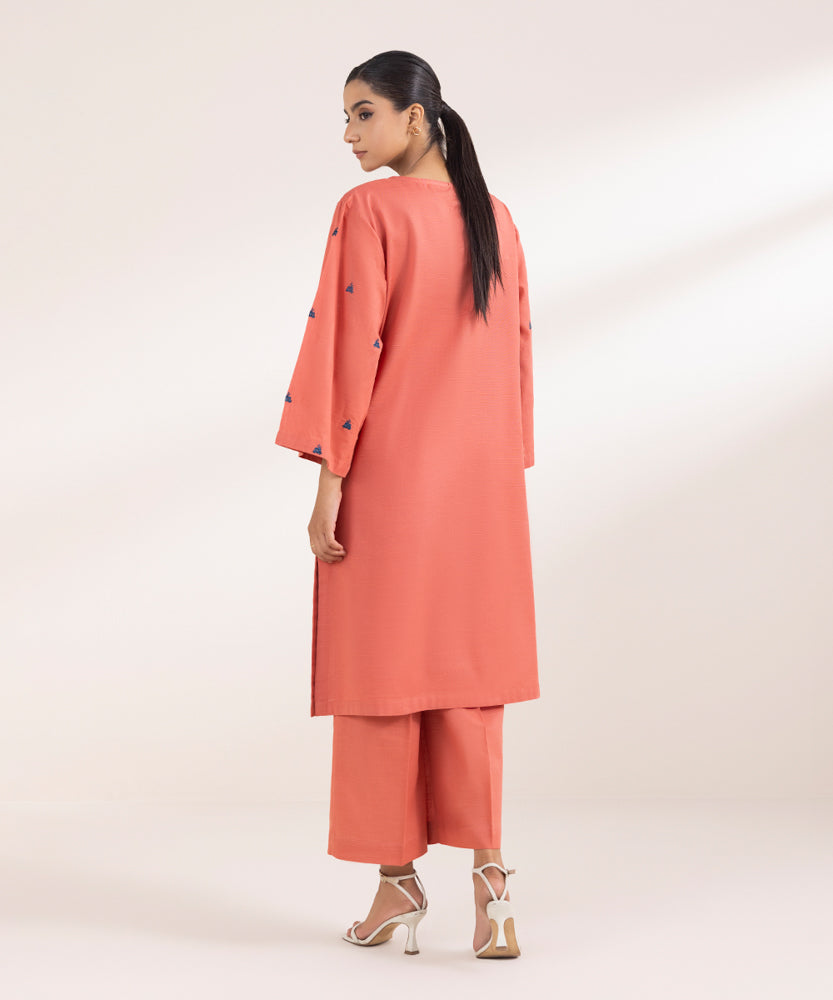 Women's Pret Solid Embroidered Coral Pink Light Khaddar Straight Shirt