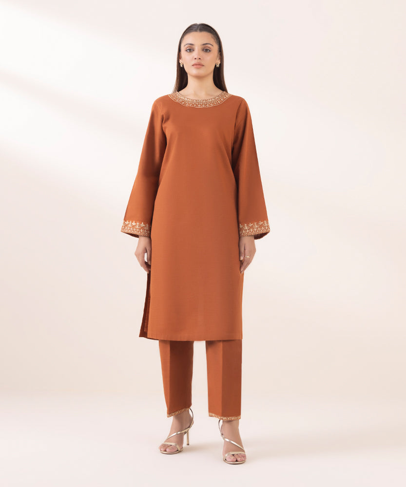 Women's Pret Solid Embroidered Rust Brown Light Khaddar A Line Shirt