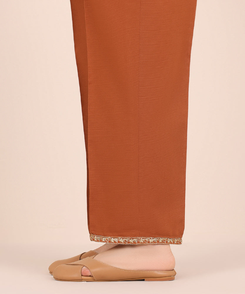 Women's Pret Solid Embroidered Rust Brown Light Khaddar Straight Trousers