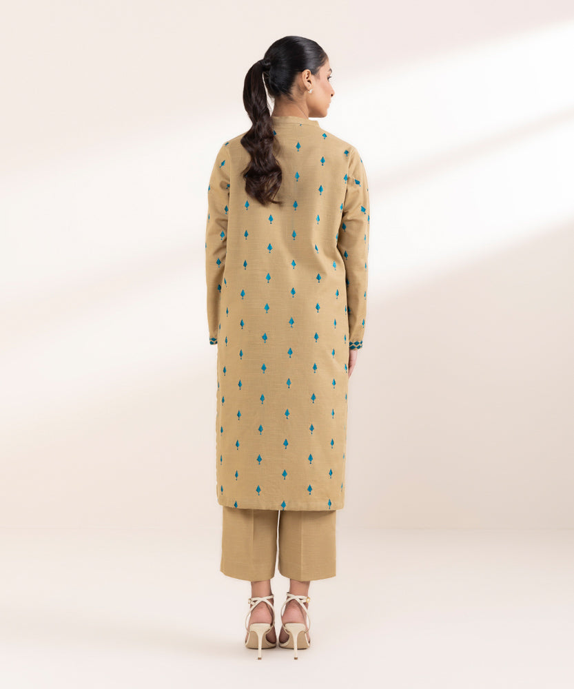 Women's Pret Solid Embroidered Tan Light Khaddar A Line Shirt