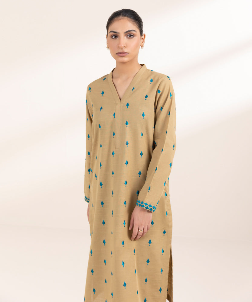 Women's Pret Solid Embroidered Tan Light Khaddar A Line Shirt