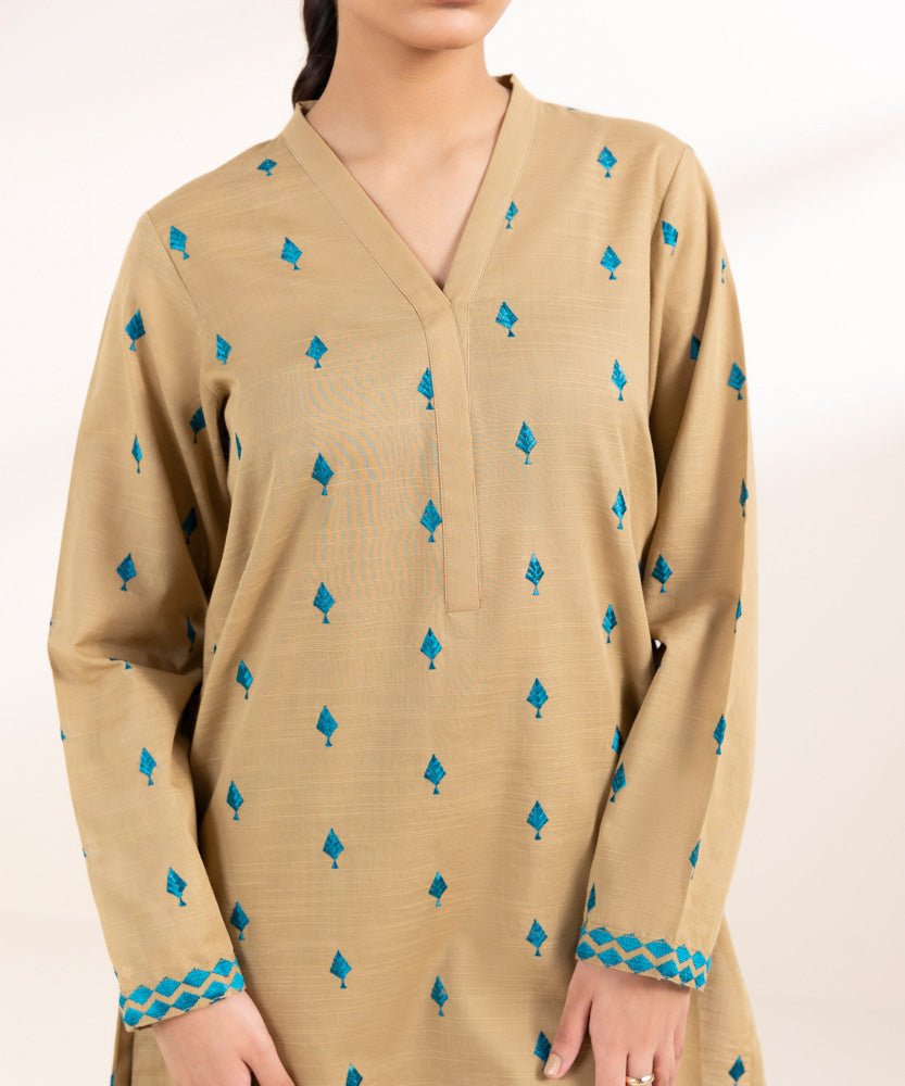 Women's Pret Solid Embroidered Tan Light Khaddar A Line Shirt