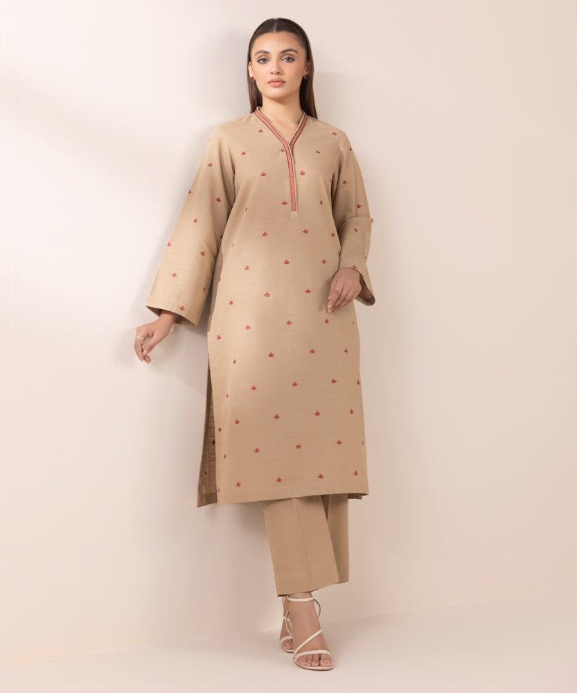 Women's Pret Solid Embroidered Tan Khaddar A Line Shirt