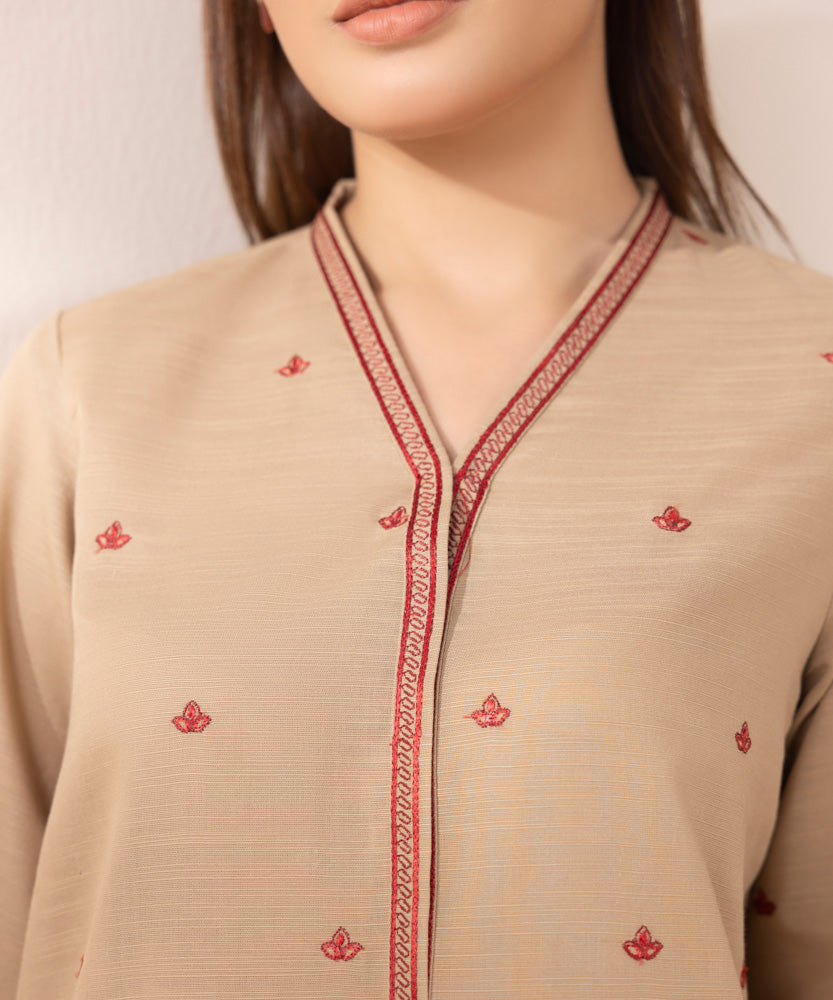 Women's Pret Solid Embroidered Tan Khaddar A Line Shirt