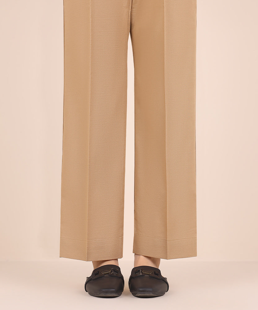 Women's Pret Solid Tan Khaddar Straight Trousers