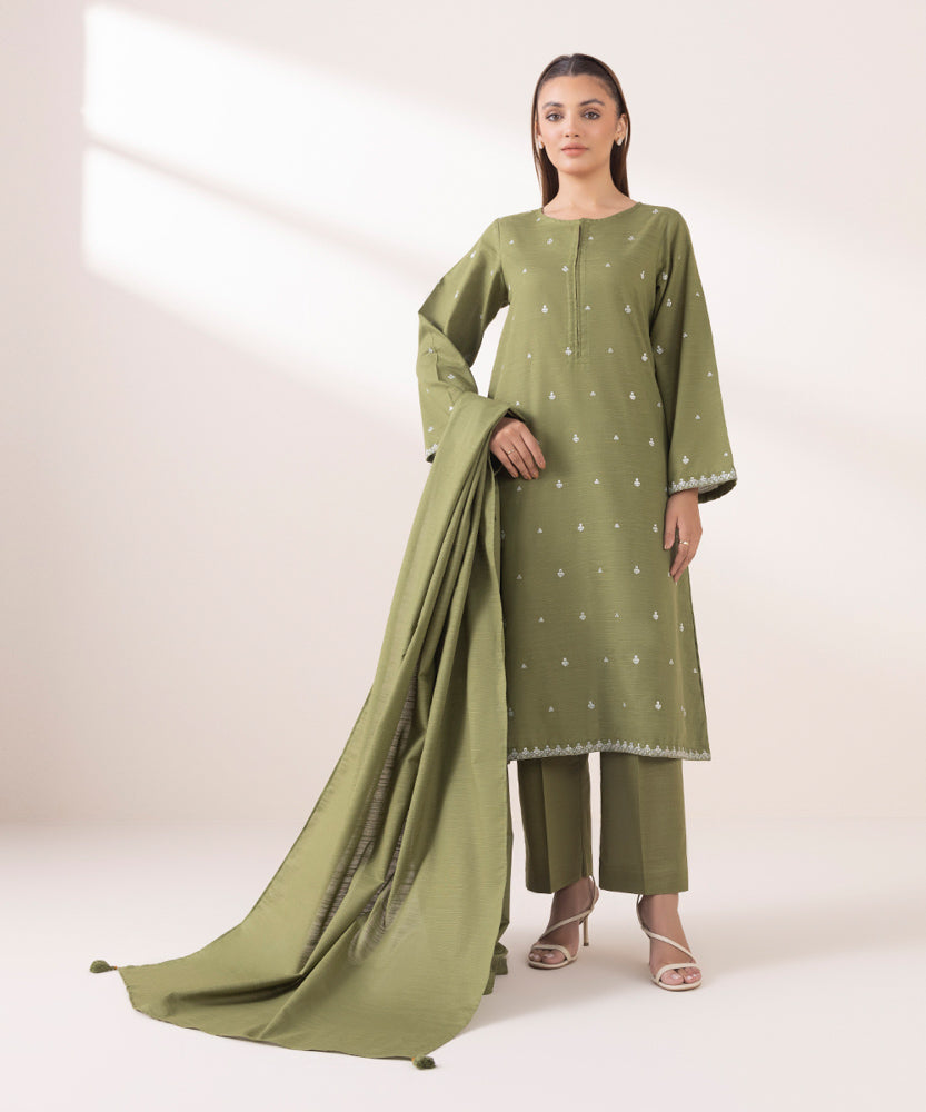 Women's Pret Solid Grass Green Khaddar Dupatta