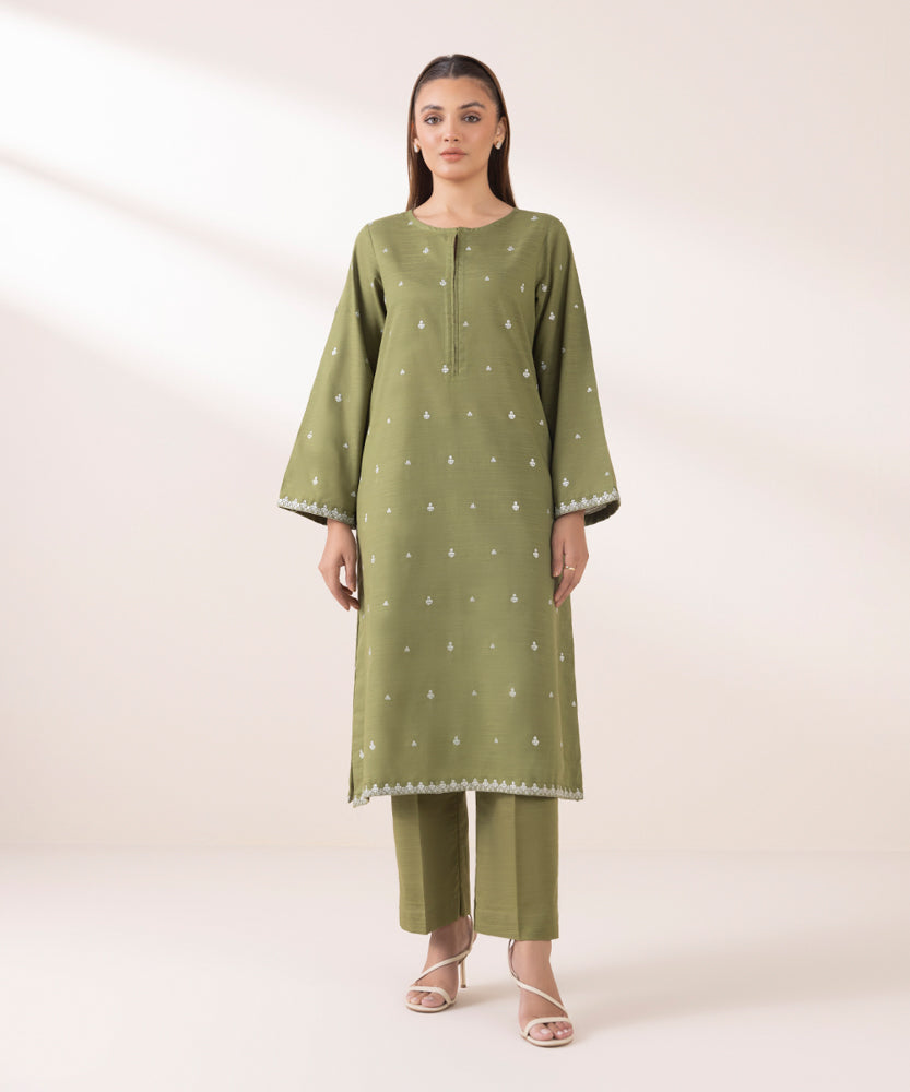 Women's Pret Solid Embroidered Grass Green Khaddar A Line Shirt