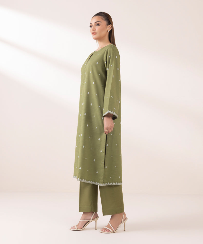 Women's Pret Solid Embroidered Grass Green Khaddar A Line Shirt