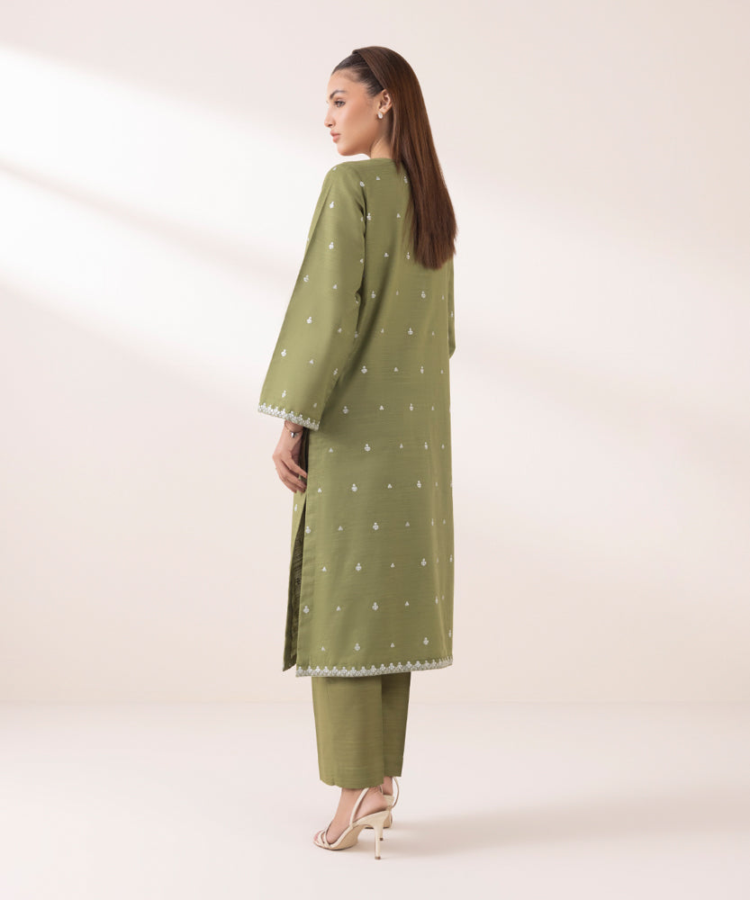 Women's Pret Solid Embroidered Grass Green Khaddar A Line Shirt