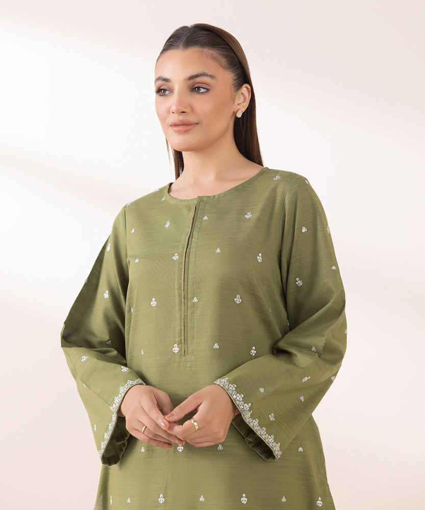 Women's Pret Solid Embroidered Grass Green Khaddar A Line Shirt