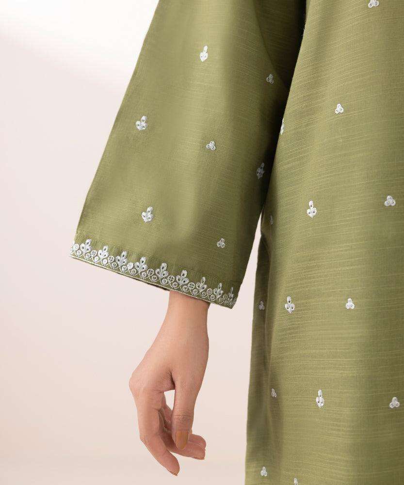 Women's Pret Solid Embroidered Grass Green Khaddar A Line Shirt