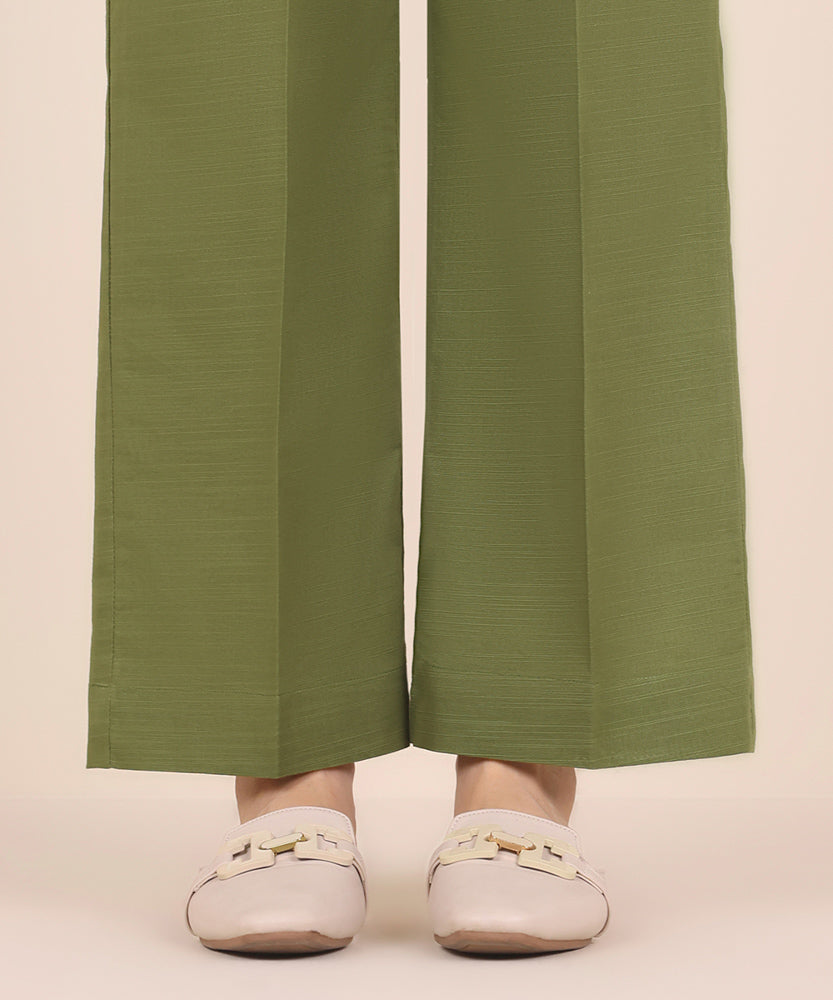 Women's Pret Solid Grass Green Khaddar Straight Trousers