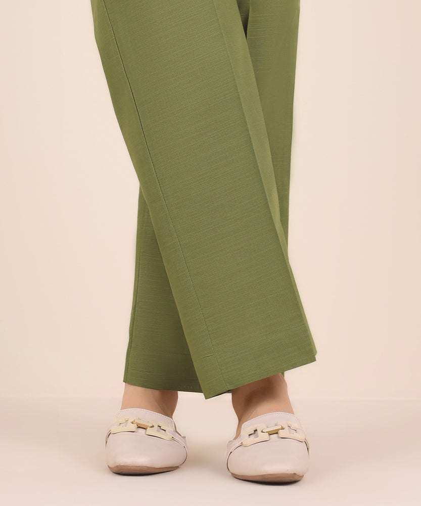 Women's Pret Solid Grass Green Khaddar Straight Trousers