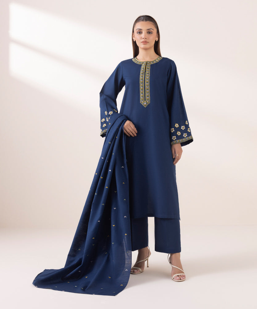 Women's Pret Solid Embroidered Navy Blue Khaddar Dupatta