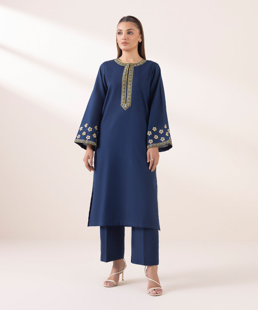 Women's Pret Solid Embroidered Navy Blue Light Khaddar A Line Shirt