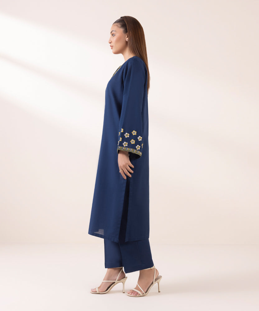 Women's Pret Solid Embroidered Navy Blue Light Khaddar A Line Shirt