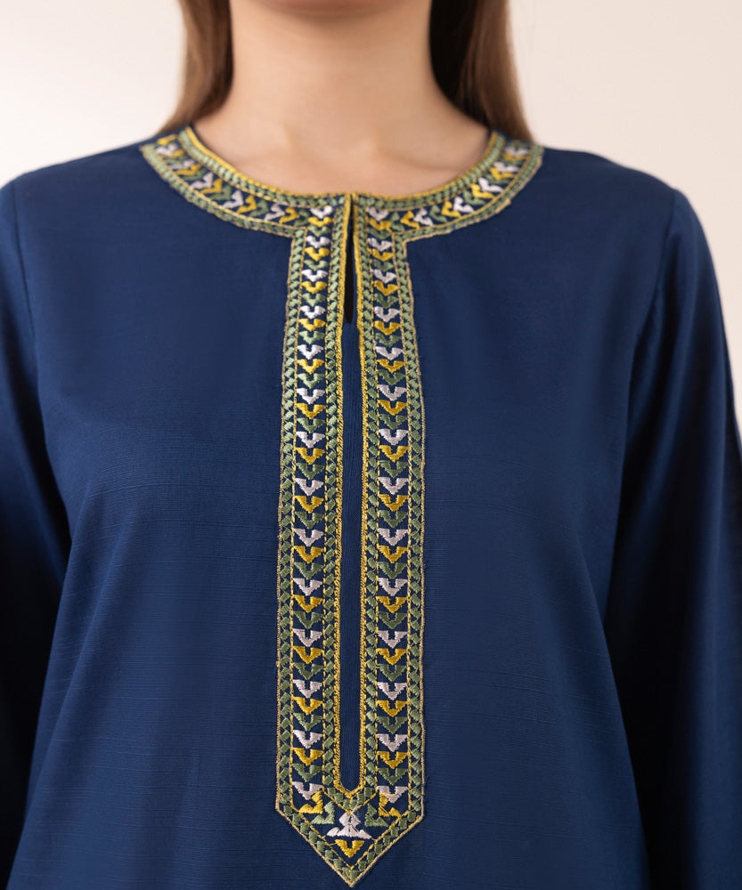 Women's Pret Solid Embroidered Navy Blue Light Khaddar A Line Shirt