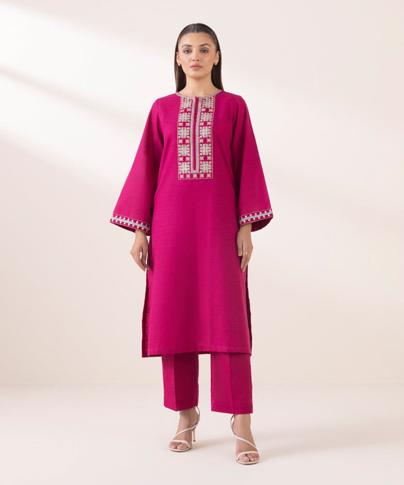 Women's Pret Solid Embroidered Magenta Khaddar A Line Shirt