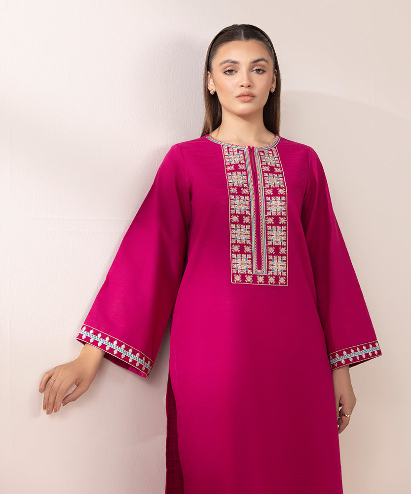 Women's Pret Solid Embroidered Magenta Khaddar A Line Shirt