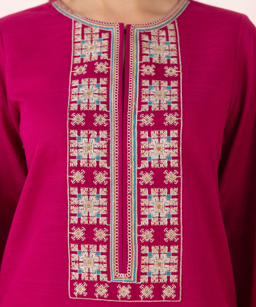 Women's Pret Solid Embroidered Magenta Khaddar A Line Shirt