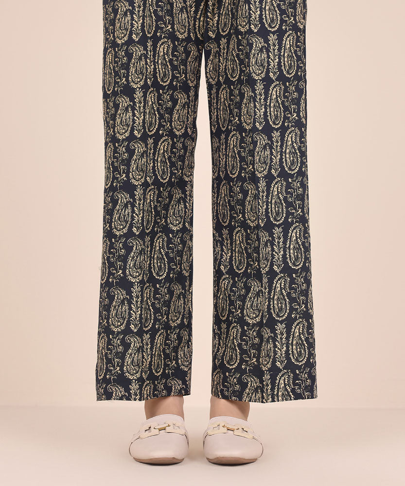 Women's Pret Printed Navy Blue Light Khaddar Straight Trousers