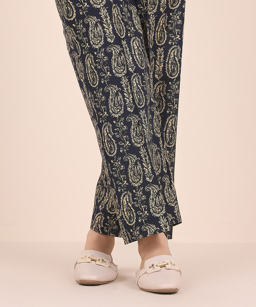 Women's Pret Printed Navy Blue Light Khaddar Straight Trousers