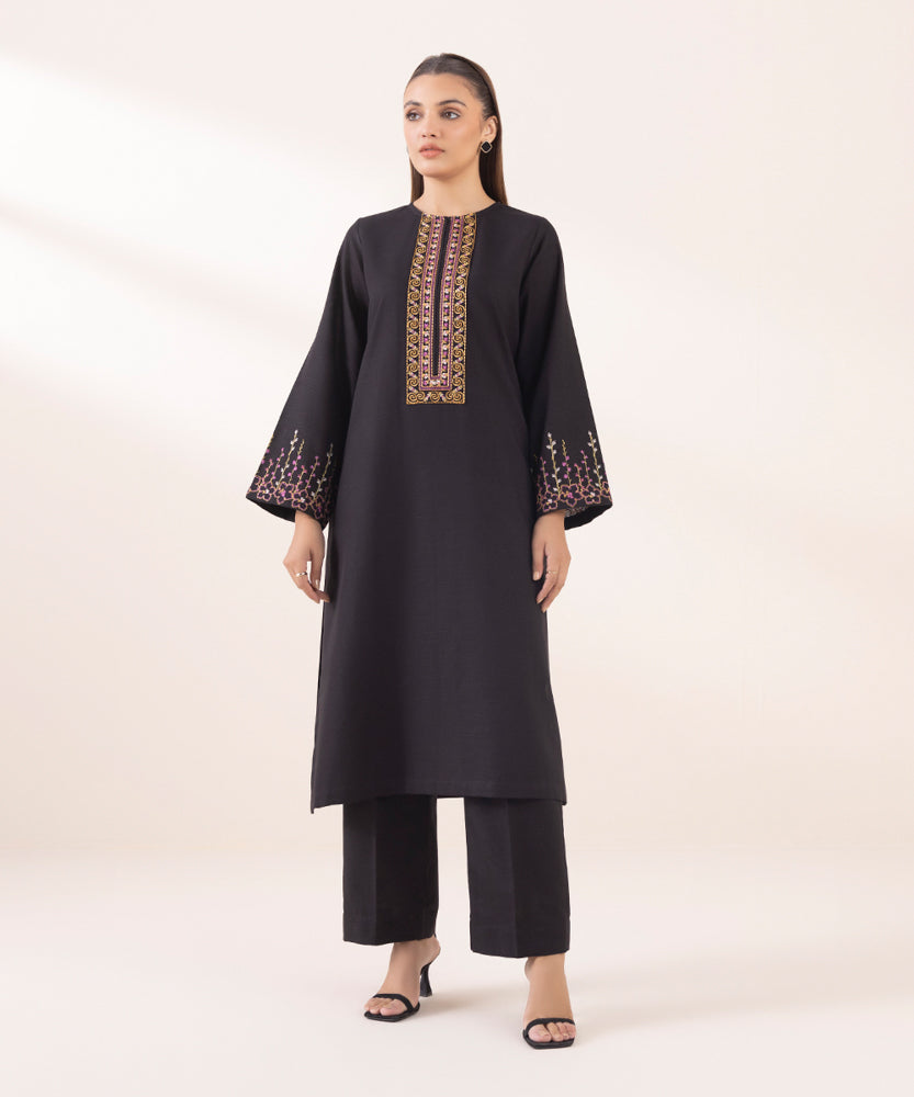 Women's Pret Solid Embroidered Black Light Khaddar A Line Shirt