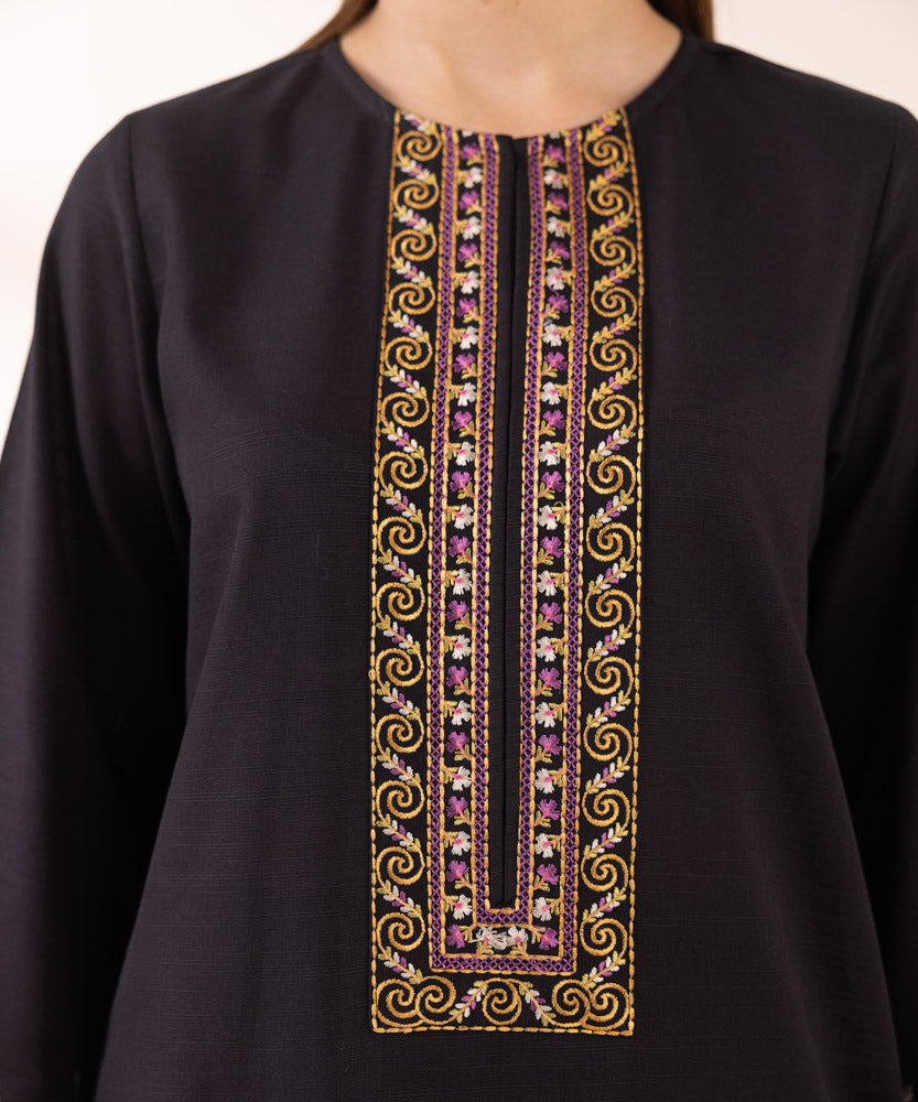 Women's Pret Solid Embroidered Black Light Khaddar A Line Shirt