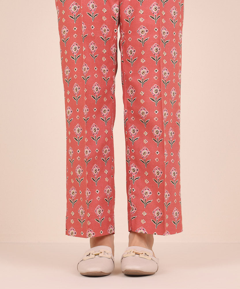 Women's Pret Printed Coral Pink Light Khaddar Straight Trousers