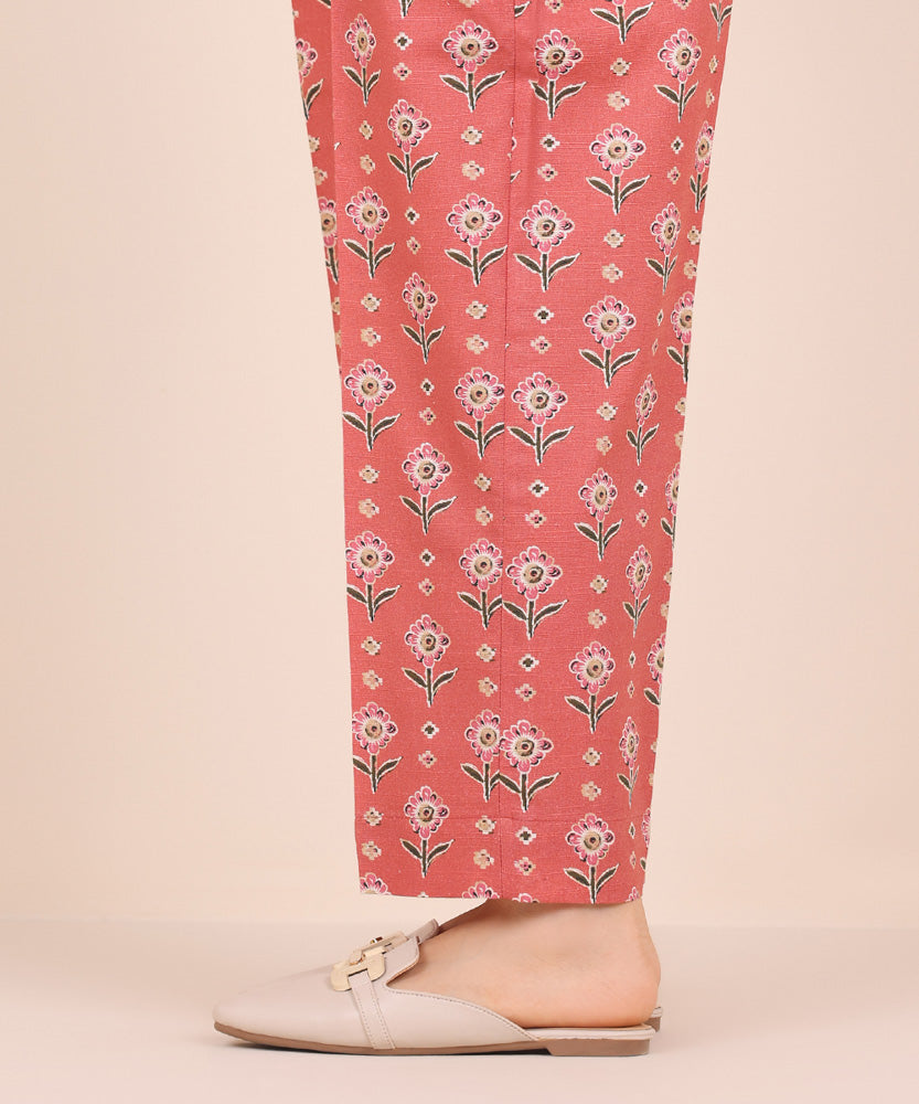 Women's Pret Printed Coral Pink Light Khaddar Straight Trousers