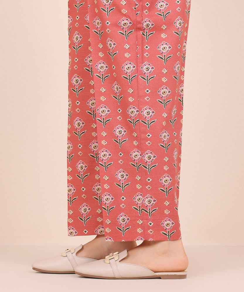 Women's Pret Printed Coral Pink Light Khaddar Straight Trousers