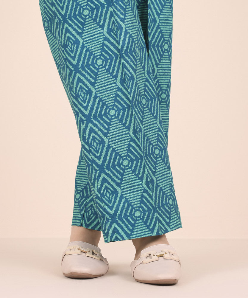 Women's Pret Printed Aqua Green Khaddar Straight Trousers