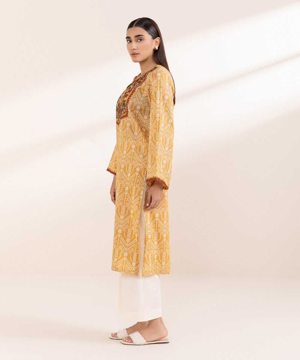 Women's Pret Cambric Yellow Embroidered A-Line Shirt